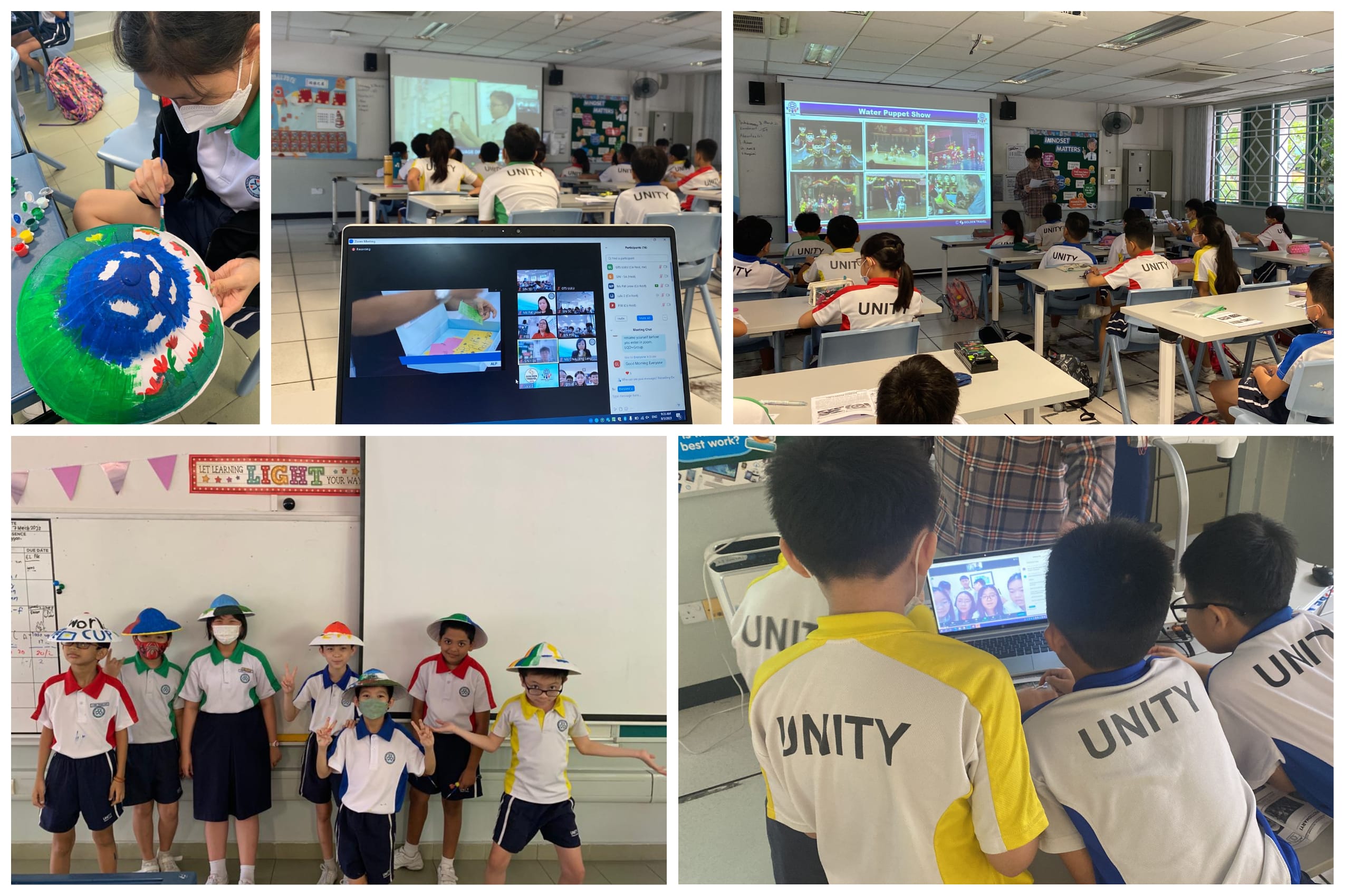 Students in Unity shirts do classroom activities: painting a globe, video calls, watching a projection, and posing in hats.